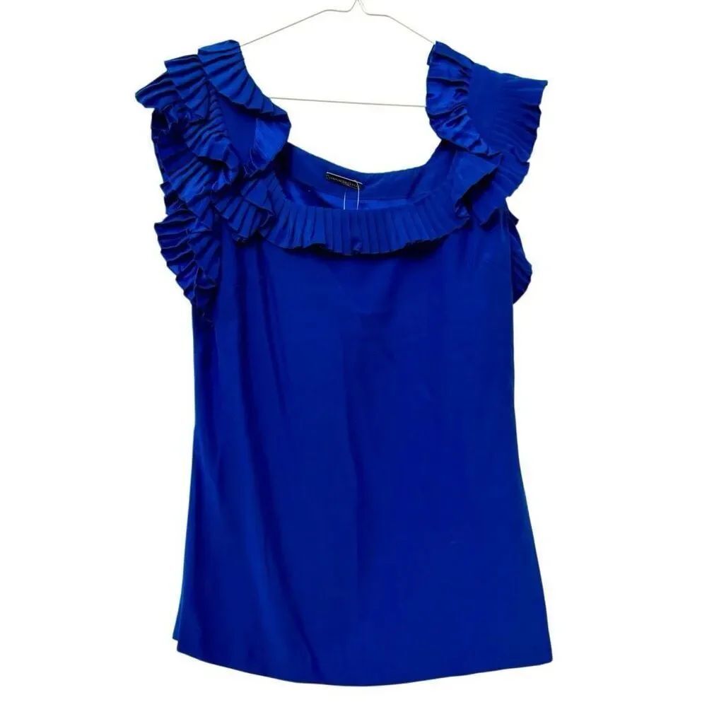 Loeffler Randall Pleated Ruffle Trim 100% Silk Blouse Top Blue Size 8